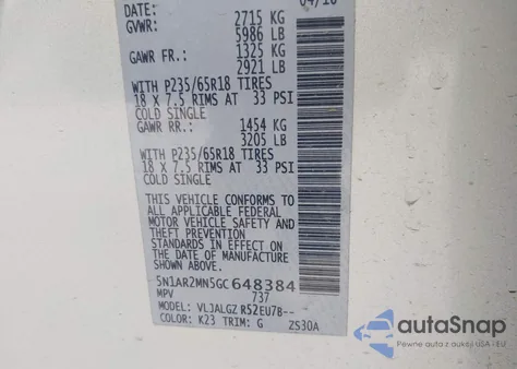 2016 Nissan Pathfinder Sl из США, поврежденный, VIN 5N1AR2MN5GC648384